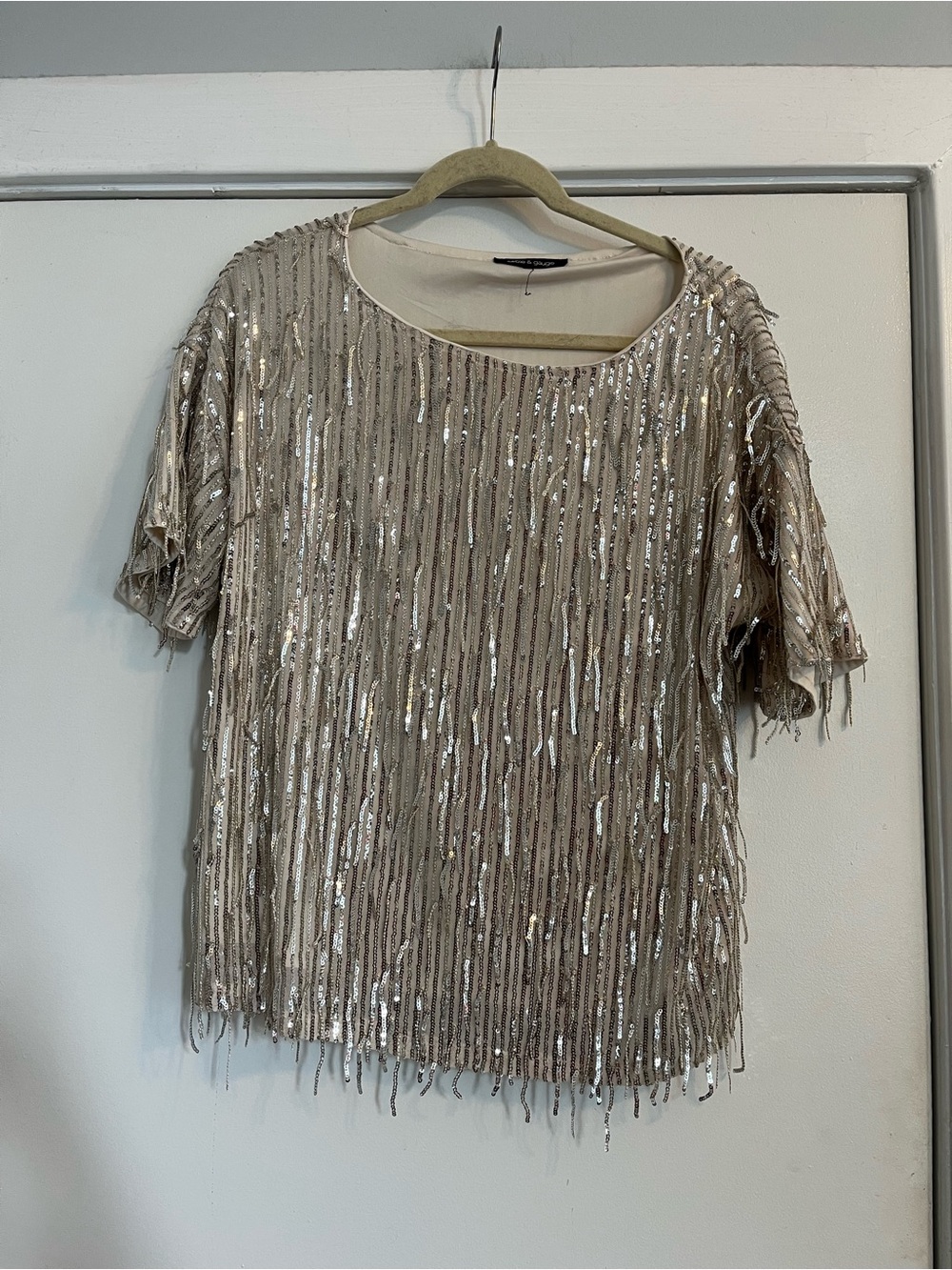 Cable & Gauge Cream champagne Sequin fringe Short Sleeve Top shiny mirror